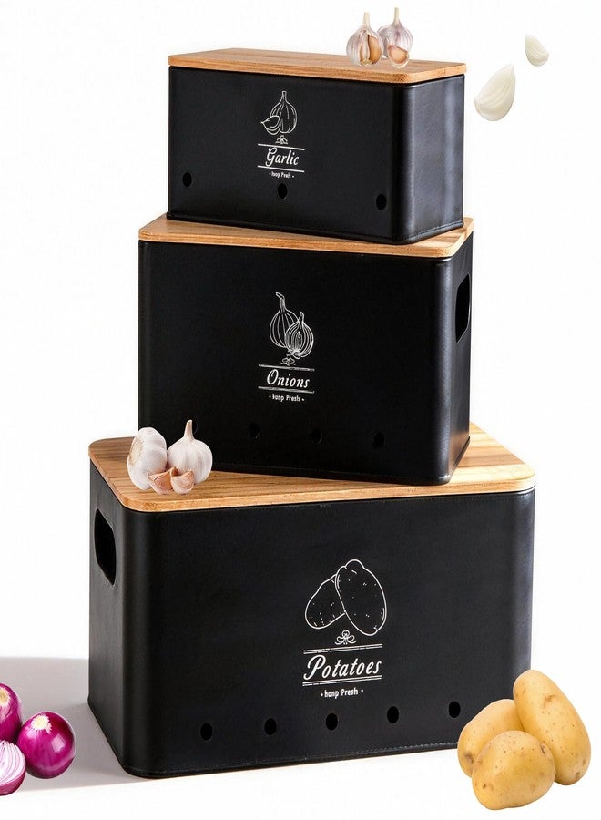 Tenforie Potato Onion and Garlic Storage Bin Set of 3, Black Metal Kitchen Vegetable Canisters with Bamboo Lid and Aerating Holes, Stackable Kitchen Storage Tin for Countertop Pantry - Image 1