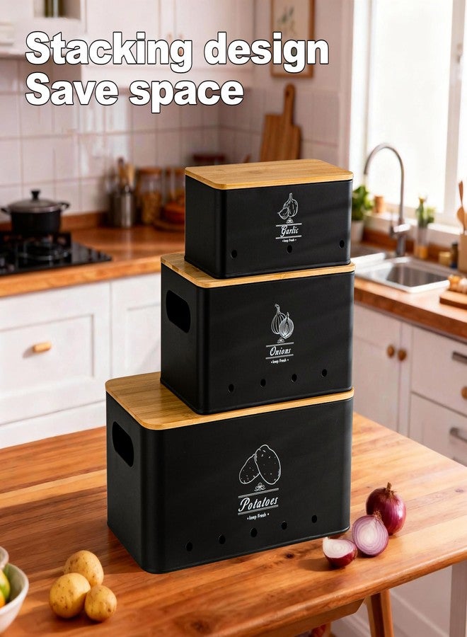Tenforie Potato Onion and Garlic Storage Bin Set of 3, Black Metal Kitchen Vegetable Canisters with Bamboo Lid and Aerating Holes, Stackable Kitchen Storage Tin for Countertop Pantry - Image 3