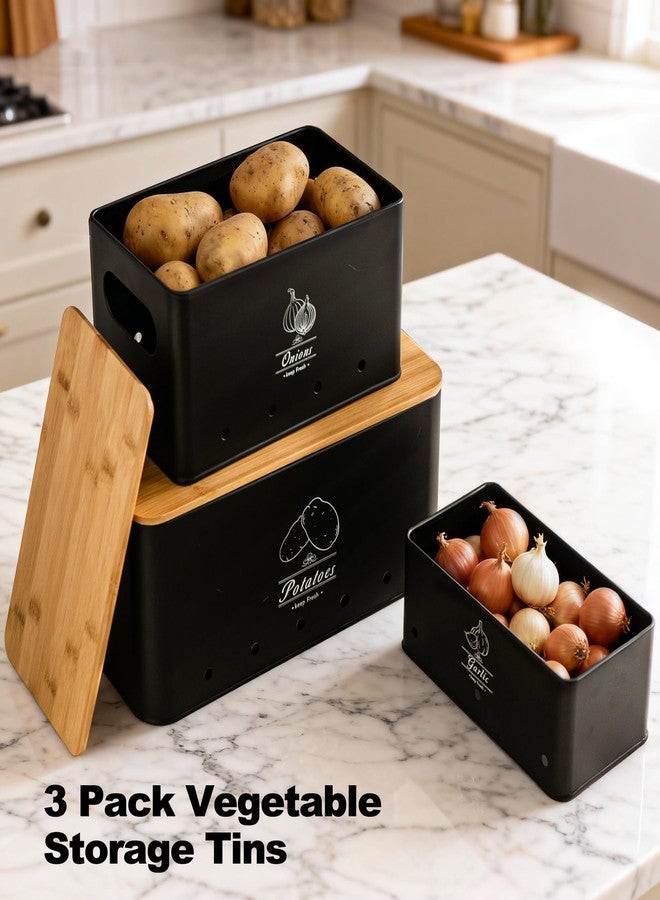 Tenforie Potato Onion and Garlic Storage Bin Set of 3, Black Metal Kitchen Vegetable Canisters with Bamboo Lid and Aerating Holes, Stackable Kitchen Storage Tin for Countertop Pantry - Image 2