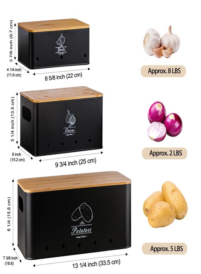 Tenforie Potato Onion and Garlic Storage Bin Set of 3, Black Metal Kitchen Vegetable Canisters with Bamboo Lid and Aerating Holes, Stackable Kitchen Storage Tin for Countertop Pantry - Image 4