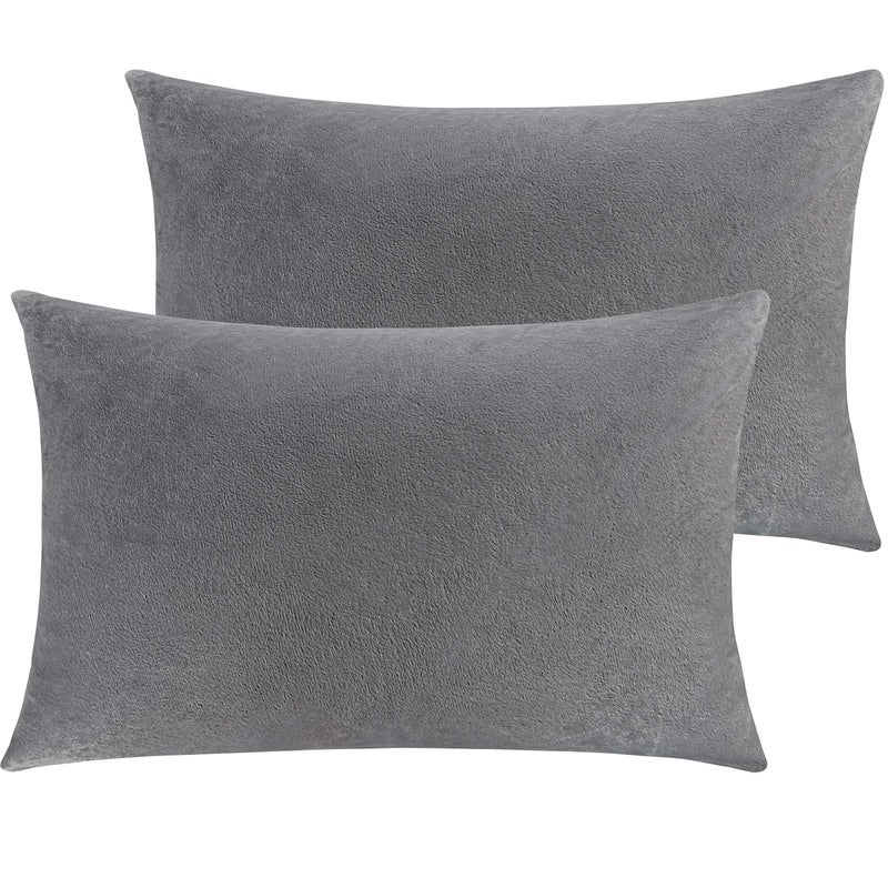 NTBAY 2 Pack Zippered Velvet Queen Pillowcases  Super Soft and Cozy Luxury Fuzzy Flannel Pillow Cases with Zipper  20x30 Inches  Smoke Grey - Image 1