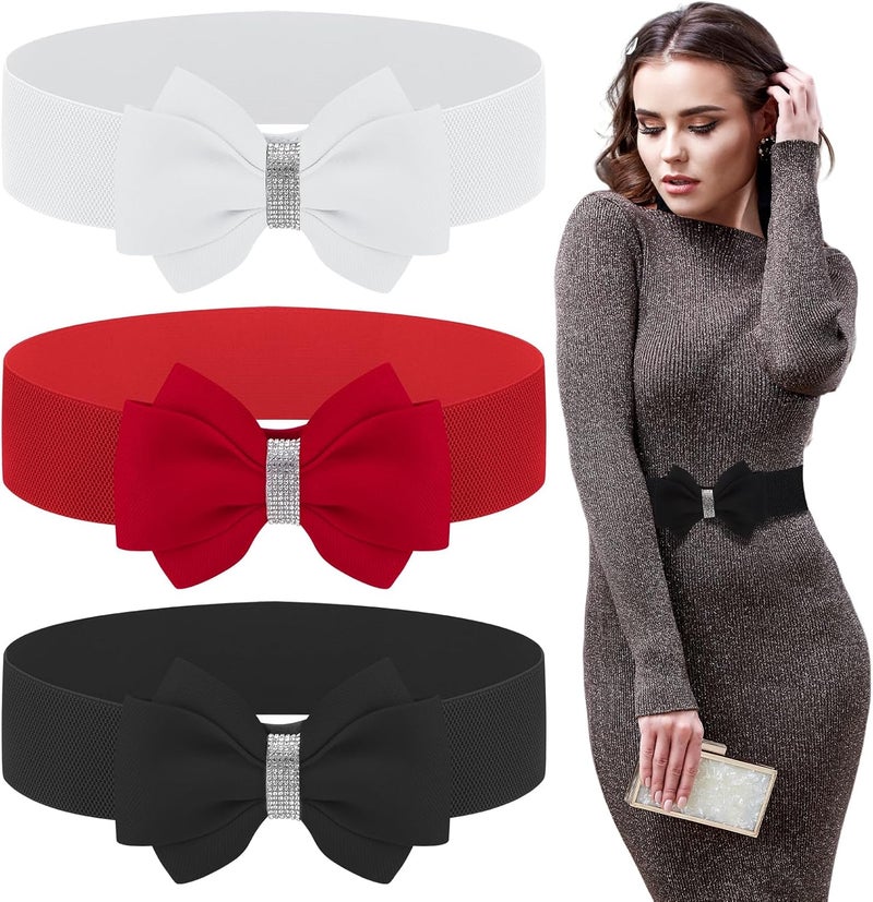 Women’s Rhinestone Bow Elastic Wide Waist Cincher Dress Decorative Belt, Colorful 3PCS - Image 1