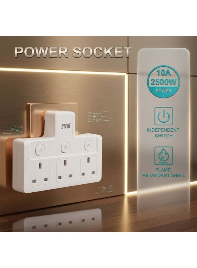 Winning Star UK Plug Extension Socket 3 Outlets, 2500W 10A Multiple Power Strip Extension Plug, Triple UK Plug Extender Extension Board, Fire-Retardant Surge Protector for Home, Kitchen & Office (ST-1086-3) - Image 4