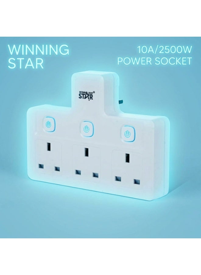 Winning Star UK Plug Extension Socket 3 Outlets, 2500W 10A Multiple Power Strip Extension Plug, Triple UK Plug Extender Extension Board, Fire-Retardant Surge Protector for Home, Kitchen & Office (ST-1086-3) - Image 1