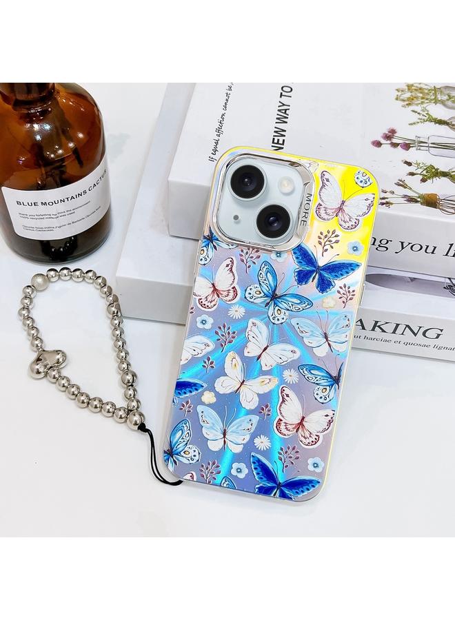 اس-توب جراب لهاتف iPhone 15 مصنوع من جلد الفراشة مطلي بالكهرباء بالليزر مع حزام معصم - Image 1