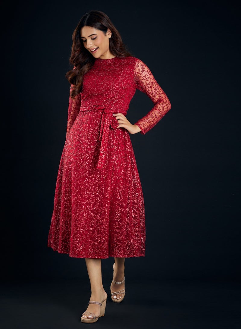 Zigzag Red Lace Midi Dress - Image 1