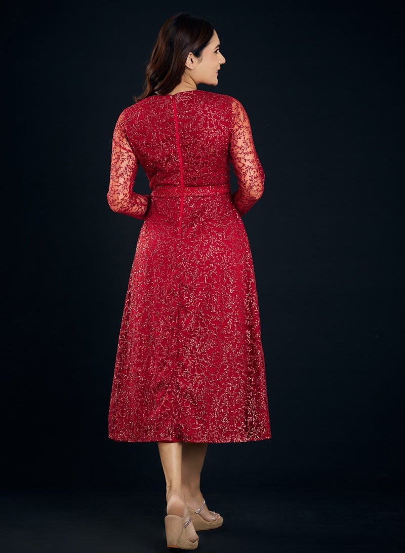 Zigzag Red Lace Midi Dress - Image 3