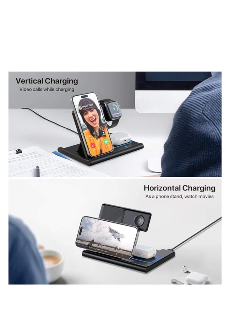 Wireless charging dock, 3-in-1 foldable fast charging dock, wireless charger stand/suitable for mobile phones/headphones/watches, black color - Image 5
