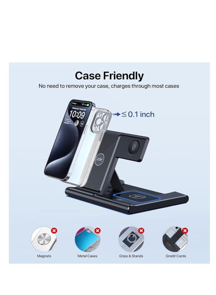 Wireless charging dock, 3-in-1 foldable fast charging dock, wireless charger stand/suitable for mobile phones/headphones/watches, black color - Image 4