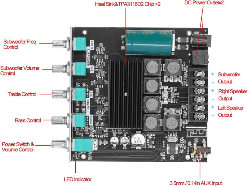 WALFRONT Amplifier Board, 2.1 Channel Audio Power Module, AUX Input, Short Circuit Protection, High Efficiency Subwoofer Amplifier for DIY Home Theater, Speakers - Image 2