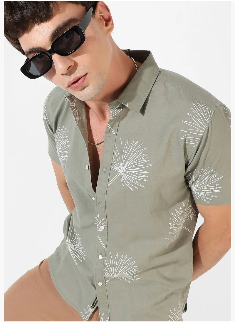 Campus Sutra Printed Spread Collar Short Sleeve Shirt