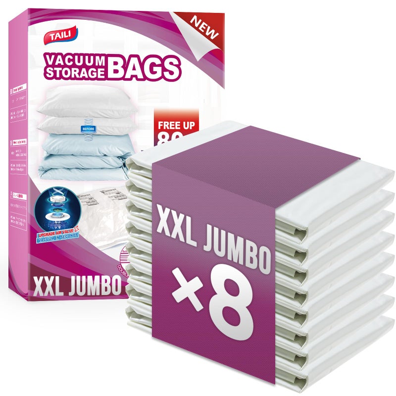 تايلي عبوة من 8 أكياس تخزين مفرغة من Taili لللحاف والبطانيات مقاس Xxl أكياس ختم مفرغة كبيرة الحجم للفراش (47 × 39 بوصة) مساحة كبيرة لوسائد فراش الألعاب توفر مساحة أكبر في الخزانة - Image 1