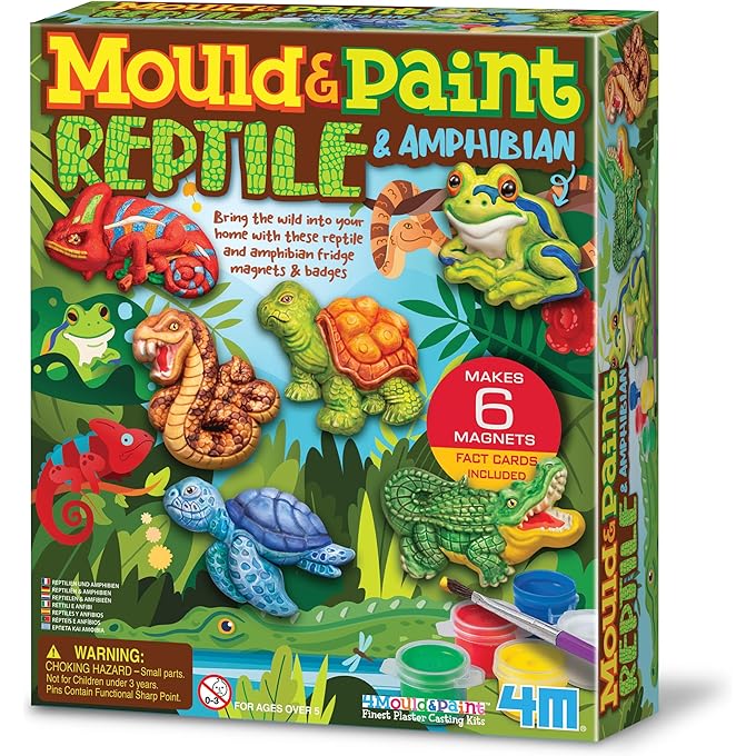 4m Mould & Paint Reptile & Amphibian Kit – Cast & Paint 6 Reptile and Amphibian Figures into Magnets or Badges | DIY Plaster Craft for Kids Ages 5-12 with Fact Cards & Paints