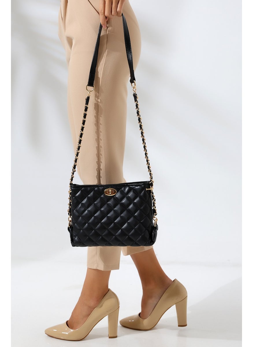Endies 93008 Women's Quilted Cross Chain Shoulder Bag Black  - Image 2