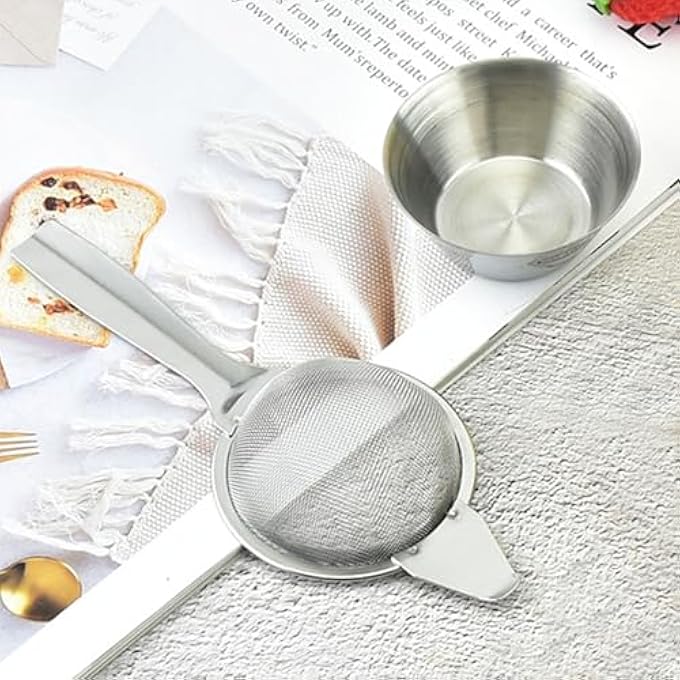 ريحني فلتر شاي، مصفاة شاي شبكية دقيقة من الفولاذ المقاوم للصدأ مع وعاء تنقيط، منخل طهي، مناخل ومصافي شاي أوراق سائبة بمقبض غير قابل للانزلاق لغربلة المكونات الجافة والدقيق والمعكرونة والأرز والشاي - Image 2
