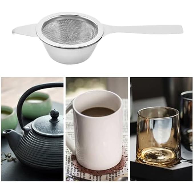 ريحني فلتر شاي، مصفاة شاي شبكية دقيقة من الفولاذ المقاوم للصدأ مع وعاء تنقيط، منخل طهي، مناخل ومصافي شاي أوراق سائبة بمقبض غير قابل للانزلاق لغربلة المكونات الجافة والدقيق والمعكرونة والأرز والشاي - Image 4