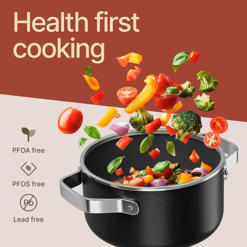BAKKENMASTER Bakken 3 Quart Ceramic Coated Stock Pot with Lid, Easy to Clean Nonstick Pot, Tempered Glass Lid, Riveted Stainless Steel Handles, Oven Safe Up To 500Â°F, PTFE & PFAS Free, All Stove Compatible, Black - Image 5