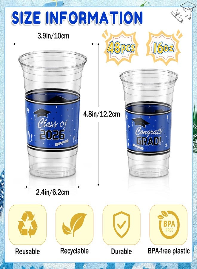 KaTiSeMo Class of 2026 Graduation Cups - 48 Pack Blue and White Plastic Cups, 16oz Clear Disposable Graduation Cups Bulk, Congrats Grad Supplies for High School & College Party Supplies & Decorations - Image 2