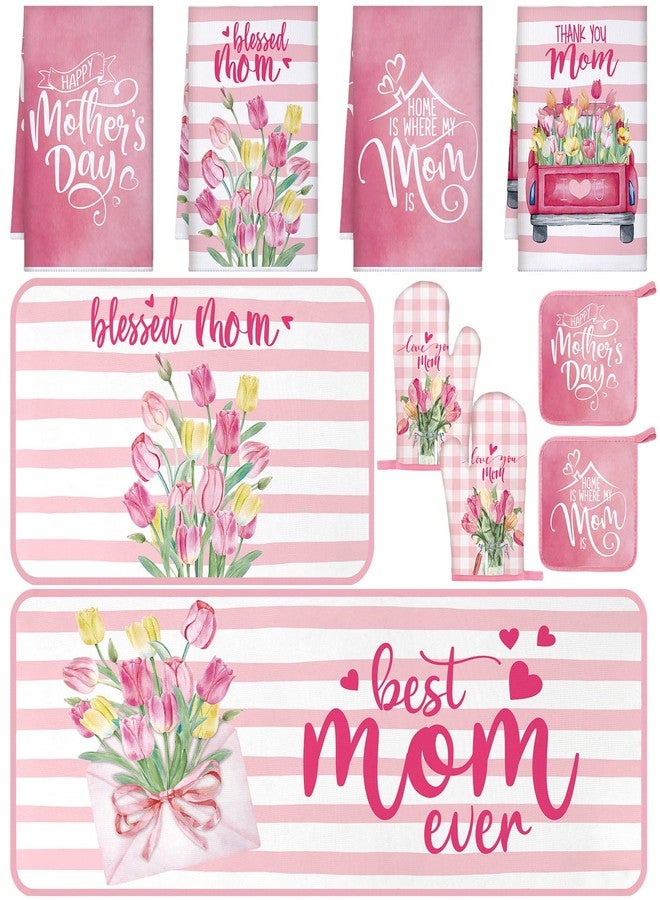 Fourluoo 10 Pcs Mothers Day Kitchen Decor Set Kitchen Towels and Rugs Oven Mitts and Pot Holders Farmhouse Decor for Mom Gift Cooking Baking Grilling - Image 1