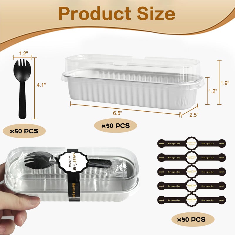 OBXMLFY Mini Cake Pans With Lids And Spoons 50 Pack,6.8 oz Rectangle Mini individual Loaf Pans, Disposable Aluminum Foil Small Baking Cups Tins, Baking Containers for Xmas, Party and Picnics (White) - Image 2