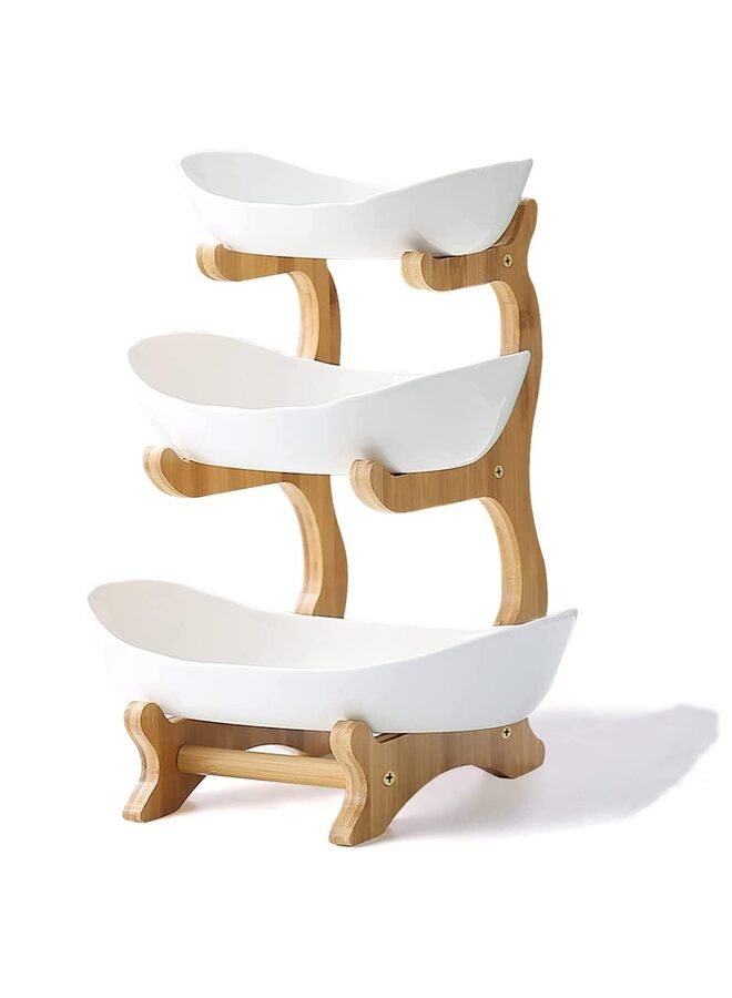 3 Tier Ceramic Fruit Bowl With Bamboo Wood Stand for Kitchen Counter,Porcelain Fruit Basket for Vegetable Storage,White?12.9×5.7inch - Image 1