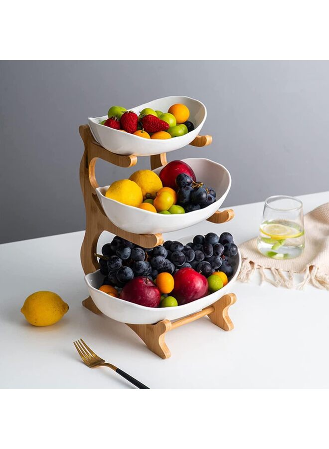 3 Tier Ceramic Fruit Bowl With Bamboo Wood Stand for Kitchen Counter,Porcelain Fruit Basket for Vegetable Storage,White?12.9×5.7inch - Image 2