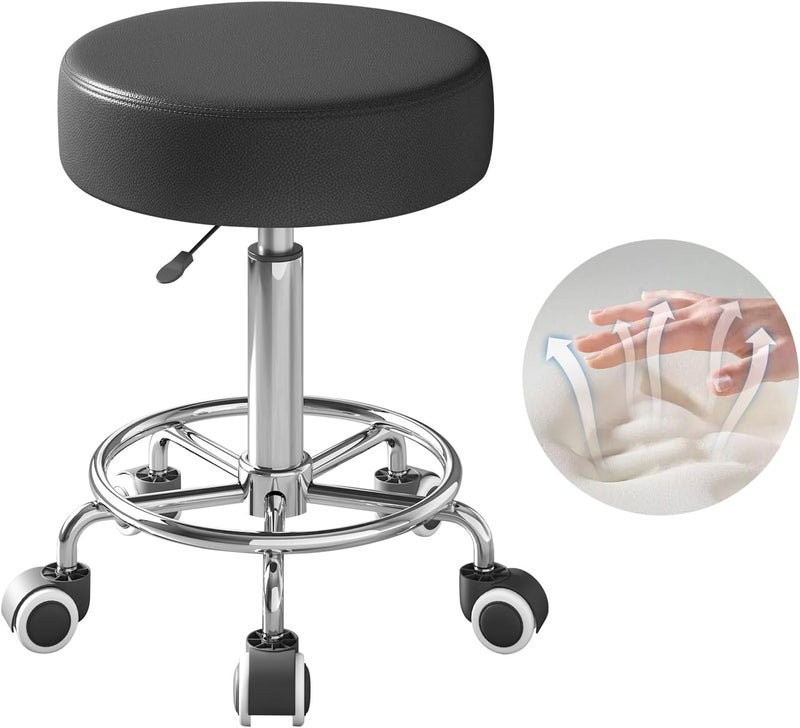 Yeezee Rolling Stool Heavy Weight Capacity 250lb PU Leather Rolling stools Ultra Soft Padded Seat Rolling Stools with Wheels and Footrest 360 Swivel Spa Drawing Salon Work Office Tattoo Stool black 