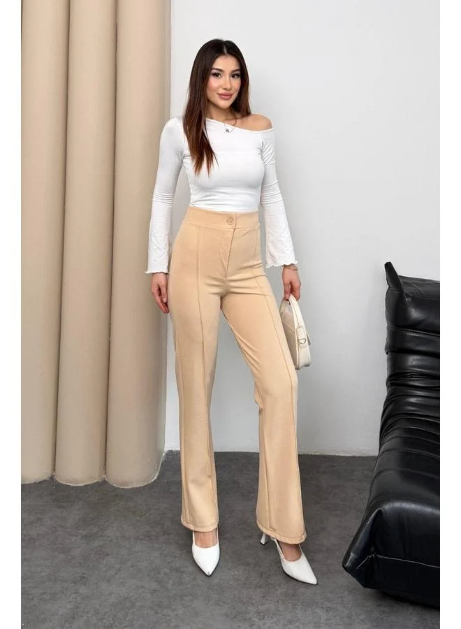 Mmetalic  Women's High-Waisted Buttoned Zippered Stretchy Beige Straight Comfortable Ribbed Palazzo Pants. for Women | Best Price UAE