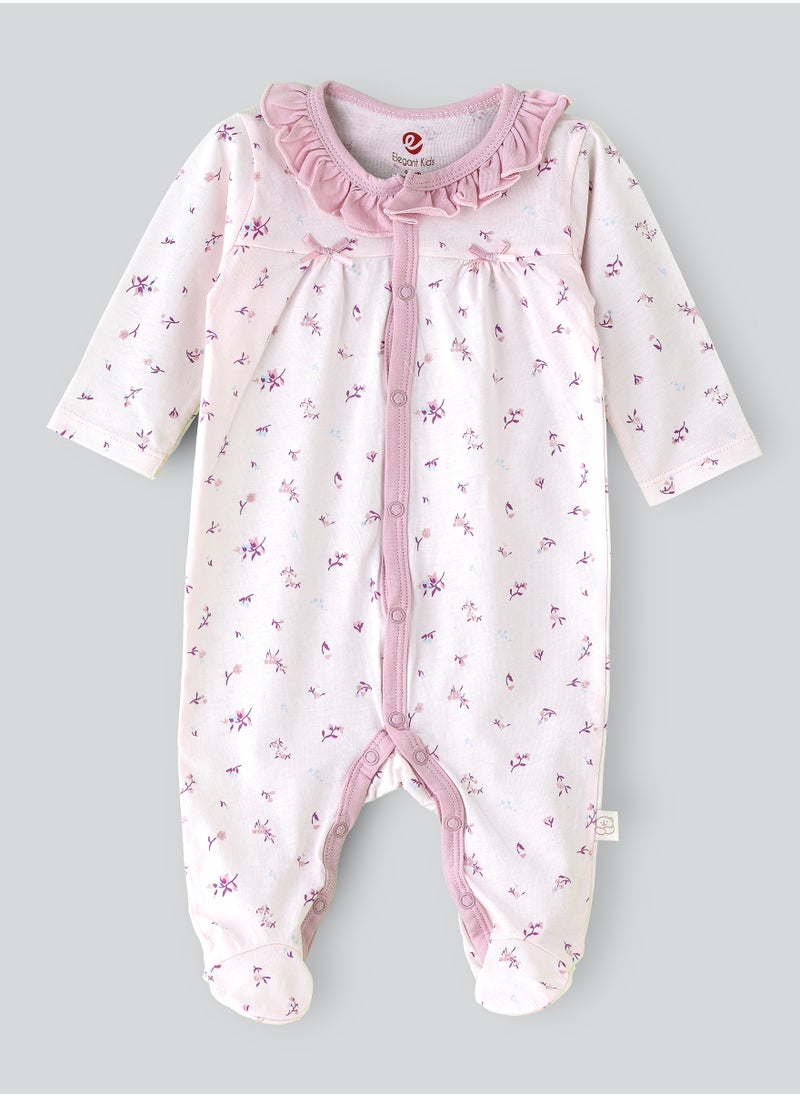 Elegant Kids Girls' Floral Printed Ruffle Collar Sleepsuit with Snap Closure  - Image 1