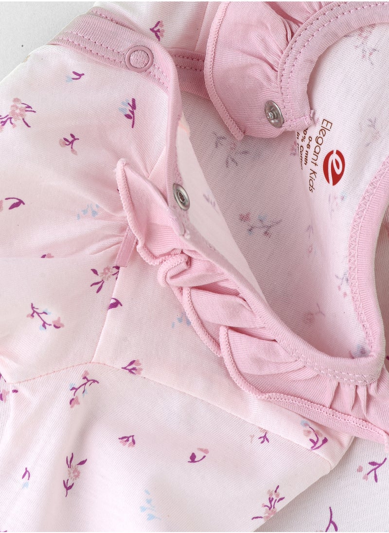 Elegant Kids Girls' Floral Printed Ruffle Collar Sleepsuit with Snap Closure  - Image 3