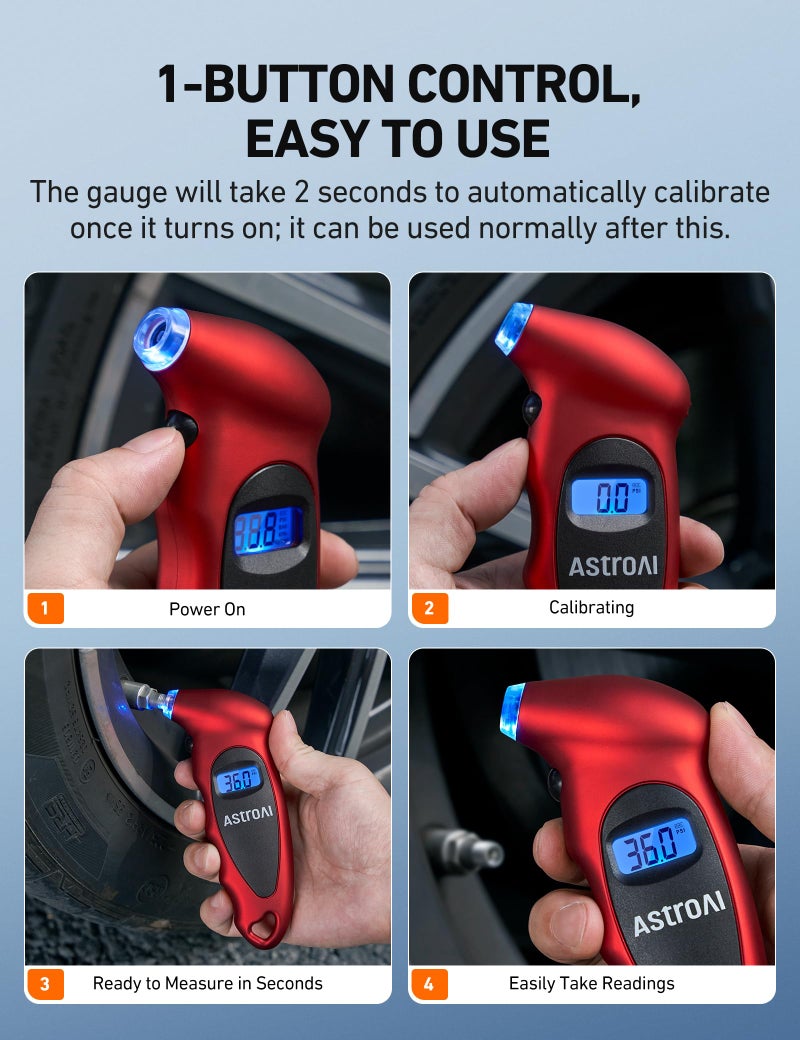 AstroAI Digital Tire Pressure Gauge 0-150PSI, Accurate in 0.1 Increments, Stocking Stuffers with Backlit LCD and Presta Valve Adaptor, 4 Units of Measurement for Car Truck Bicycle, Red - Image 3