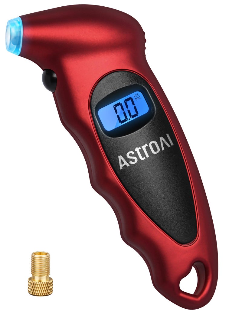 AstroAI Digital Tire Pressure Gauge 0-150PSI, Accurate in 0.1 Increments, Stocking Stuffers with Backlit LCD and Presta Valve Adaptor, 4 Units of Measurement for Car Truck Bicycle, Red - Image 1
