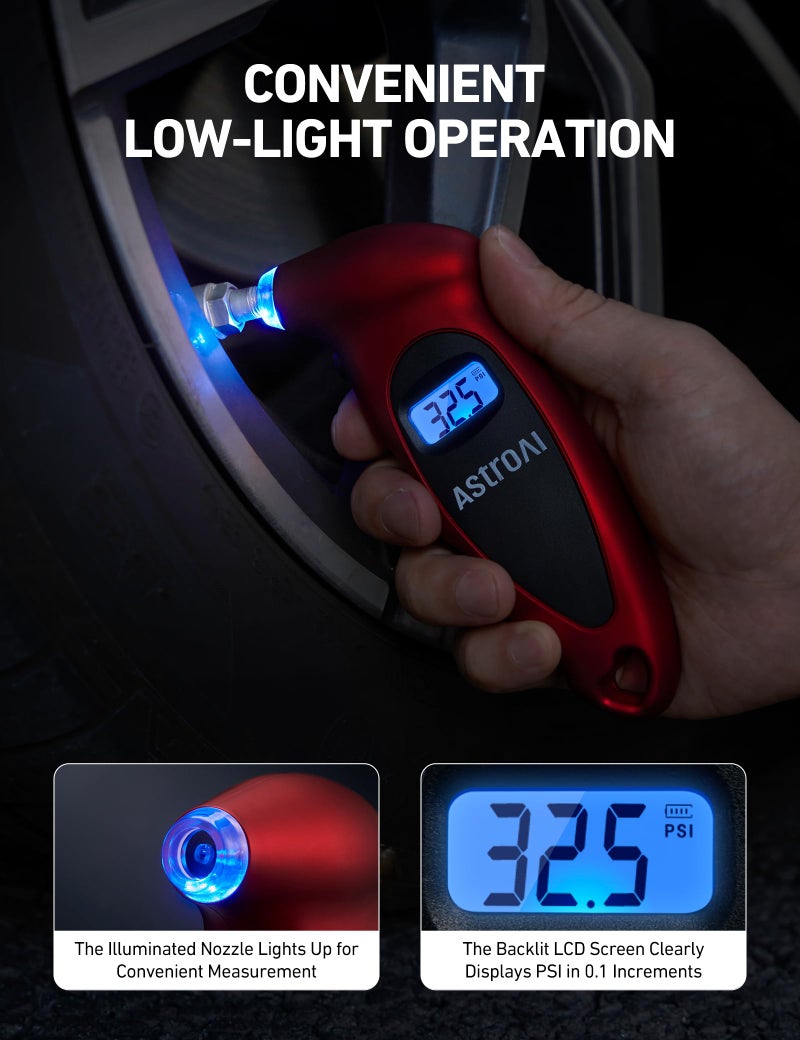 AstroAI Digital Tire Pressure Gauge 0-150PSI, Accurate in 0.1 Increments, Stocking Stuffers with Backlit LCD and Presta Valve Adaptor, 4 Units of Measurement for Car Truck Bicycle, Red - Image 2