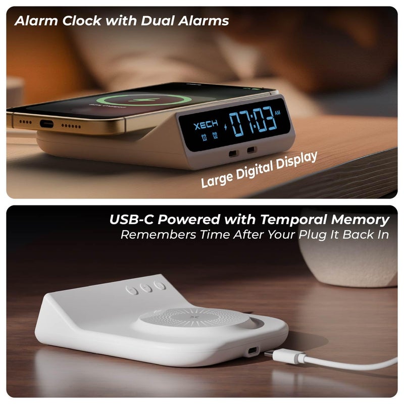 Xech ساعة منبه رقمية للنائمين بعمق | شاحن لاسلكي سريع 15 واط ومنافذ إخراج مزدوجة USB-C | إدخال سلكي Type-C | هدايا عيد الميلاد ورأس السنة الجديدة | صنع في الهند (أبيض، كويست نيو) - Image 3
