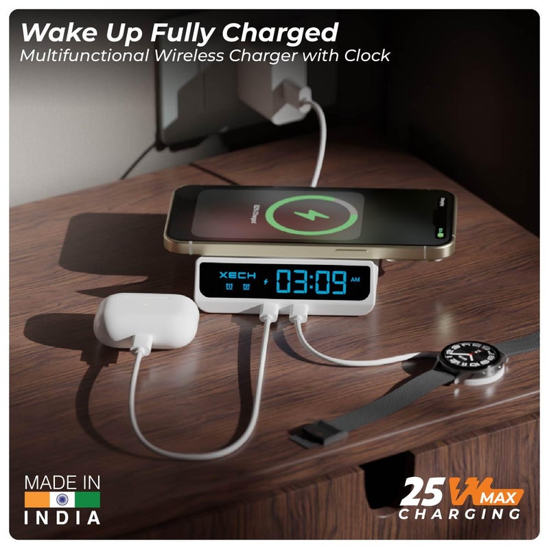 Xech ساعة منبه رقمية للنائمين بعمق | شاحن لاسلكي سريع 15 واط ومنافذ إخراج مزدوجة USB-C | إدخال سلكي Type-C | هدايا عيد الميلاد ورأس السنة الجديدة | صنع في الهند (أبيض، كويست نيو) - Image 5