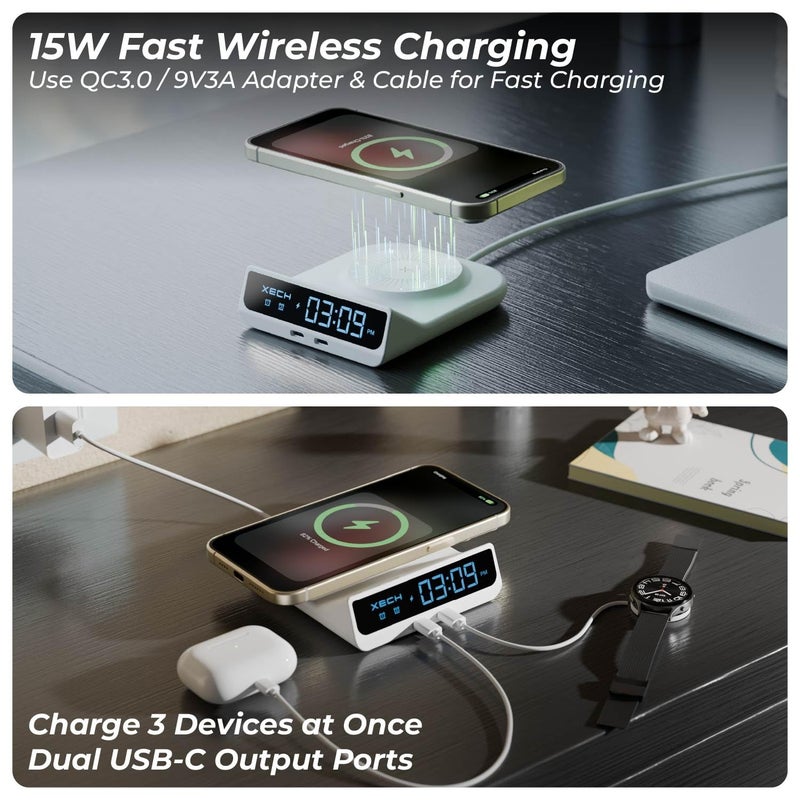 Xech ساعة منبه رقمية للنائمين بعمق | شاحن لاسلكي سريع 15 واط ومنافذ إخراج مزدوجة USB-C | إدخال سلكي Type-C | هدايا عيد الميلاد ورأس السنة الجديدة | صنع في الهند (أبيض، كويست نيو) - Image 4
