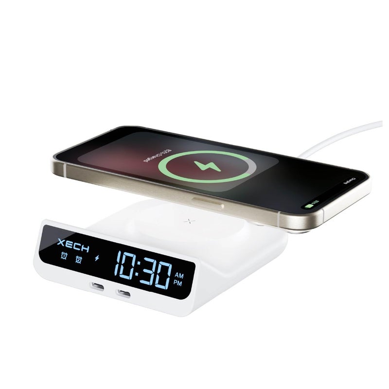 Xech ساعة منبه رقمية للنائمين بعمق | شاحن لاسلكي سريع 15 واط ومنافذ إخراج مزدوجة USB-C | إدخال سلكي Type-C | هدايا عيد الميلاد ورأس السنة الجديدة | صنع في الهند (أبيض، كويست نيو) - Image 1