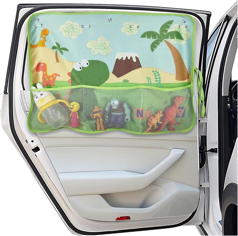 SWIUKPHE Car Window Shade for Baby, Blackout Car Window Curtain with Storage Pockets and 7 Suction Cups, Cartoon Pattern Cars Side Window Sun Shade Cover for Sun/Heat/UV Rays Protection, Green Dinosaurs - Image 1