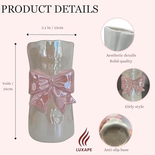 Luxape Bow Flower vase, Bow vase for Flowers, Pink Bow Ceramic Vase – Cute Vase with Shiny Glaze, Modern vase Decor (Pink Bow) - Image 4