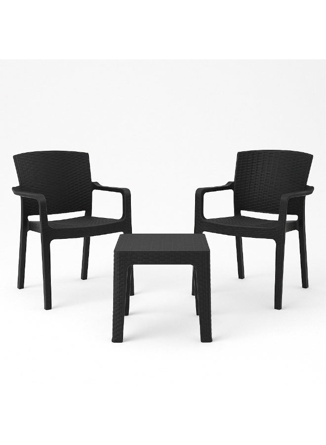 ماركولو طقم بلكونة خارجي من 3 قطع – كرسيّان بتصميم راتان + طاولة قهوة – أسود – مقاوم للأشعة فوق البنفسجية ومتين – أثاث خارجي للبلكونة، الحديقة والتراس - Image 2