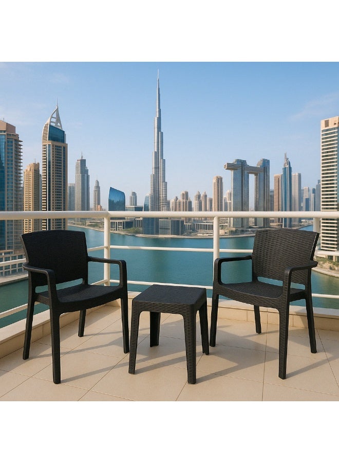 ماركولو طقم بلكونة خارجي من 3 قطع – كرسيّان بتصميم راتان + طاولة قهوة – أسود – مقاوم للأشعة فوق البنفسجية ومتين – أثاث خارجي للبلكونة، الحديقة والتراس - Image 1