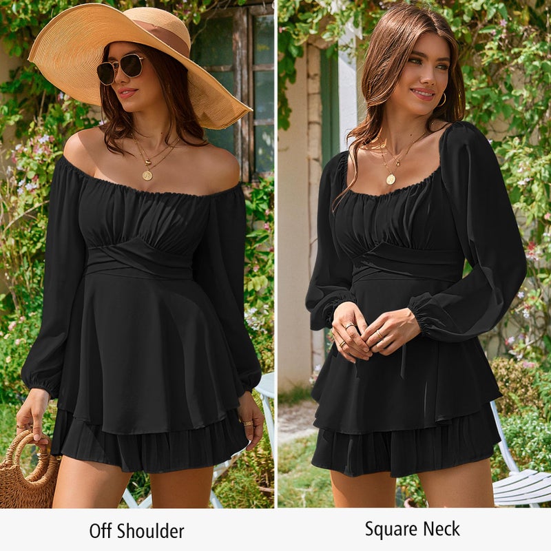 Fixmatti Women Summer Boat Neck Long Sleeve Romper Ruffle Hem Chiffon One Piece Shorts Jumpsuit Black S - Image 4