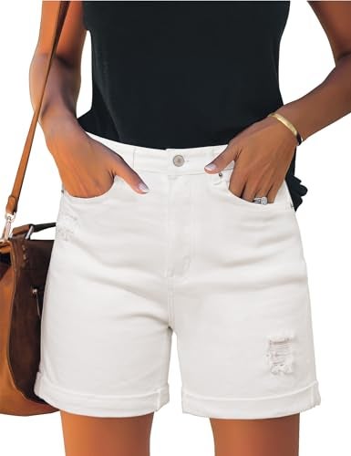 luvamia Women's Casual High Rise Destoryed Ripped Denim Shorts for Women Summer High Waisted Brilliant White Jeans Shorts Size Large Size 12-14 - Image 1