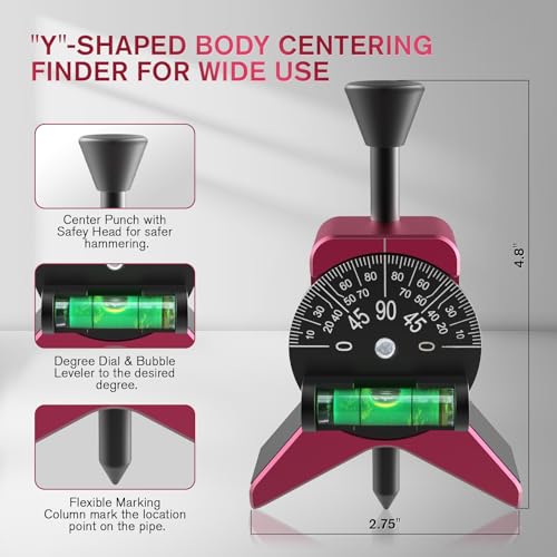 Anblak Magnetic Pipe Center Finder Tool, Y-Shape Pipefitter Gauge with Adjustable Dial Bubble Protractor, Fits 1-1/2" to 6" Pipes, 2.75" Centering Head for Accurate Pipe Layout - Image 3