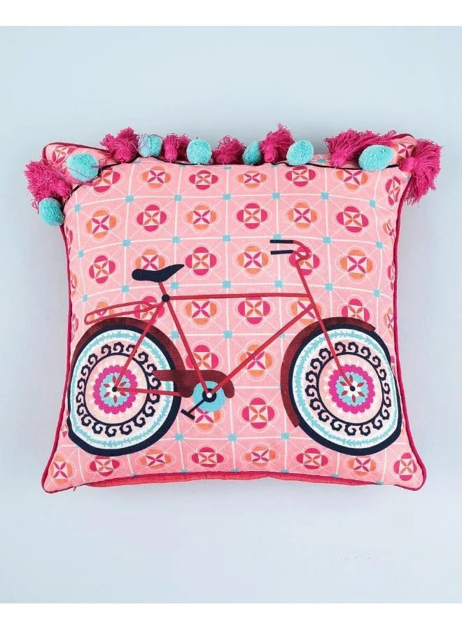 Chumbak Boho Cycle Pom ' Pom Cushion Cover