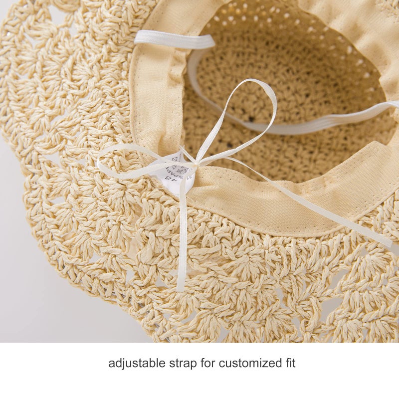 pureborn Baby Girls Straw Sun Hat - Wide Brim Sun Protection Beach Sun Hat with Chin Strap for Infant Girls 12-24 Months Khaki - Image 4