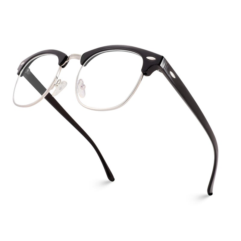 COASION نظارات كويسون الكلاسيكية شبه بدون إطار زجاجية شفافة مزيفة لل nerd بإطار مزخرف (أسود لامع/إطار فضي) - Image 2