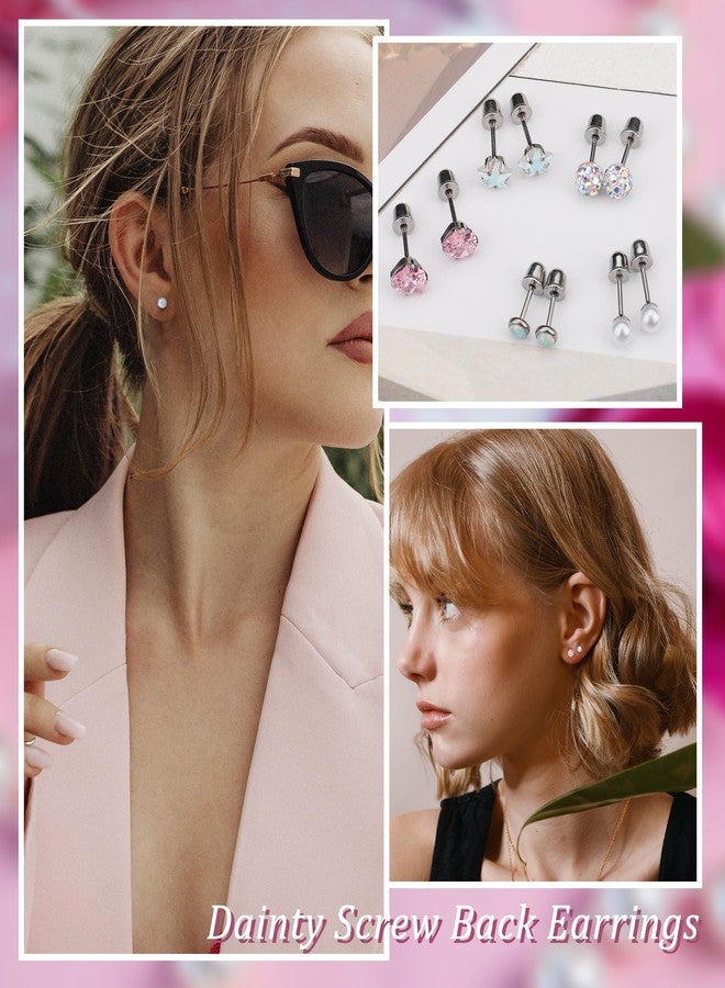Staligue 5 Pairs Titanium Earrings for Women 20G Hypoallergenic Screw Back Stud Earrings for Sensitive Skin Cubic Zircon Heart Star Pearl Screw Back Nap Earrings Set （Silvery） - Image 3