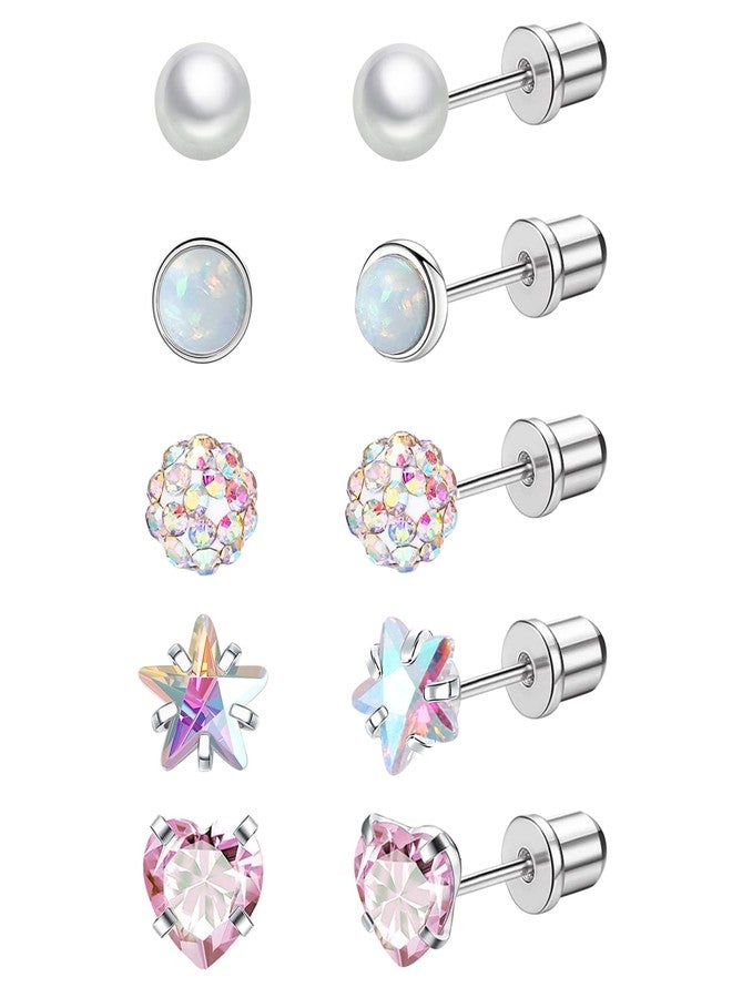Staligue 5 Pairs Titanium Earrings for Women 20G Hypoallergenic Screw Back Stud Earrings for Sensitive Skin Cubic Zircon Heart Star Pearl Screw Back Nap Earrings Set （Silvery） - Image 1