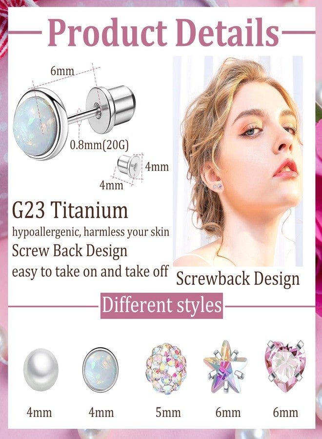 Staligue 5 Pairs Titanium Earrings for Women 20G Hypoallergenic Screw Back Stud Earrings for Sensitive Skin Cubic Zircon Heart Star Pearl Screw Back Nap Earrings Set （Silvery） - Image 2